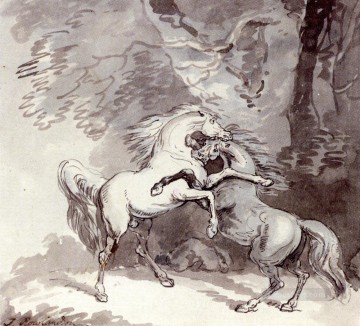  Caballos Pintura al %C3%B3leo - Caballos peleando en un sendero del bosque caricatura Thomas Rowlandson